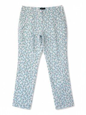 NWT Theory Rina 100% Silk Printed Trouser White Teal Floral Elevated Chic Size 8